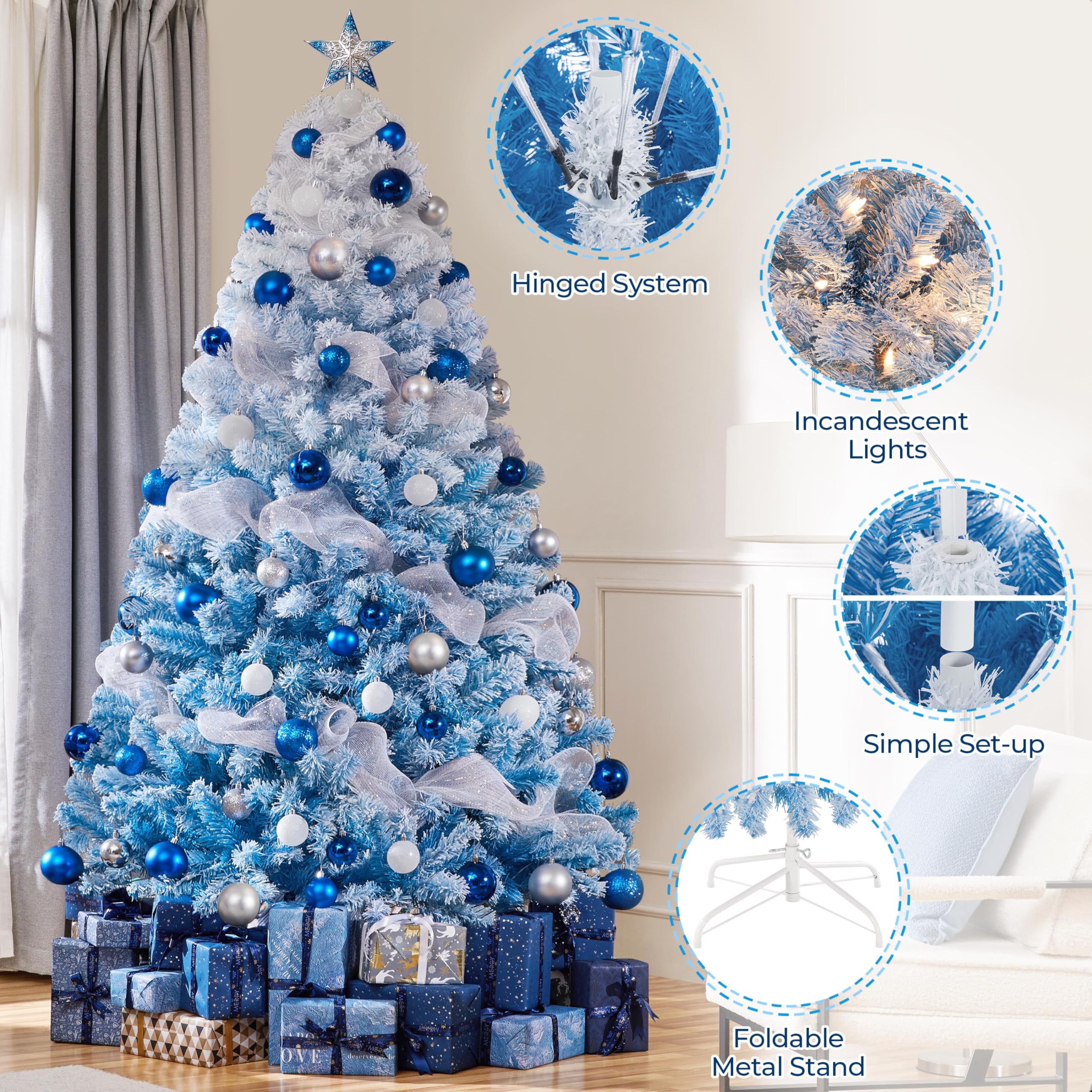 Yaheetech 7.5ft Pre-lit Artificial Christmas Tree with 550 Incandescent Warm White Lights, Snow Flocked Full Prelighted Xmas Tre